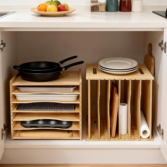 6 Tier Wooden Tray Dividers for Cabinets, Cookie Sheet Organizer 15.7" W x 16.5" H x 12.6" D Baking Sheets, Pans and Cutting Boards Organizer for Kitchen Cabinets or Countertop - Image 5