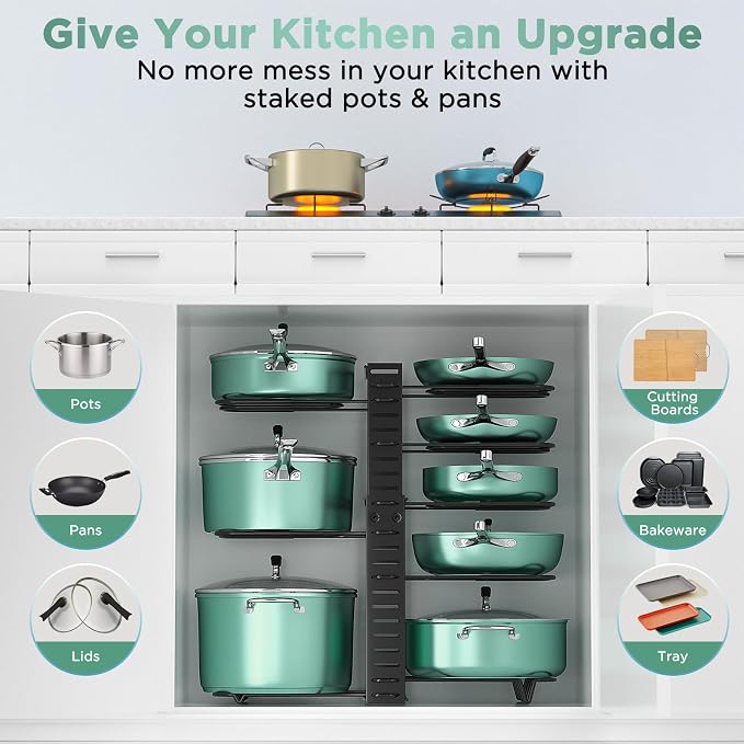 Pots and Pans Organizer Under Cabinet Expandable, 8-Tier Adjustable | Expandable 11.7–19", 3 DIY Modes, Tool-Free Assembly, Non-Slip, Fits Pots 6–11", For Kitchen Cabinets, Shelves & Countertops - Image 8