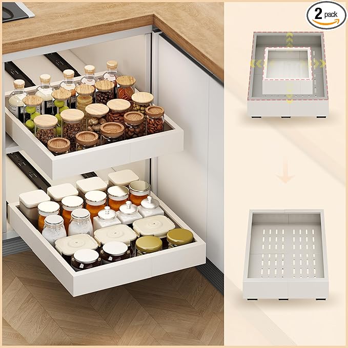 Fokyfok 2Pc Pull out Cabinet Organizer,11"-16"W,13"-17"D,Expandable | No Drill,Adjustable,Roll out Drawers,Adhesive Sliding Drawers,Slide out Shelves for Cabinets Without Lip,Kitchen,Pantry,White by Fokyfok