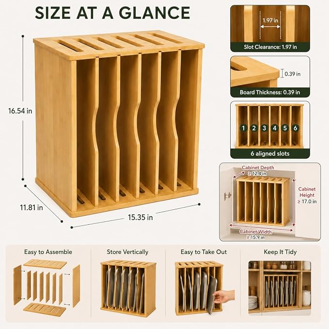 7 Tier Wooden Tray Dividers for Cabinets, Cookie Sheet Organizer | Sheet Pan Organizer for Cabinet, Baking Sheets, Cutting Boards and Pans, Space-Saving Kitchen Organization - Image 2