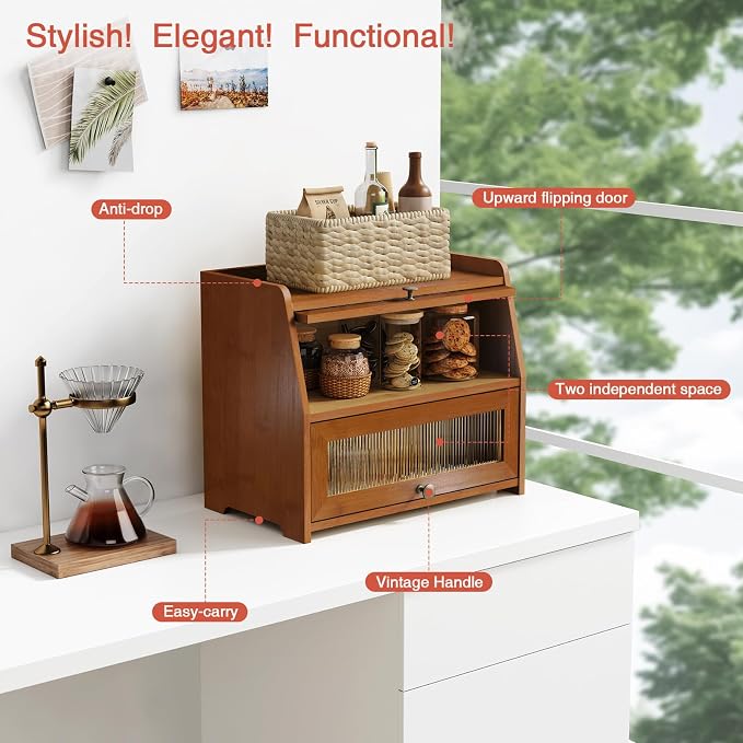 Goozii Wooden Bread Box for Kitchen Countertop, Dark Wood Bread Storage Container for Homemade Bread, 2 Tier Roll Top Breadbox Holder Keeper for Sourdough Loaf Storage (Walnut Brown) - Image 4