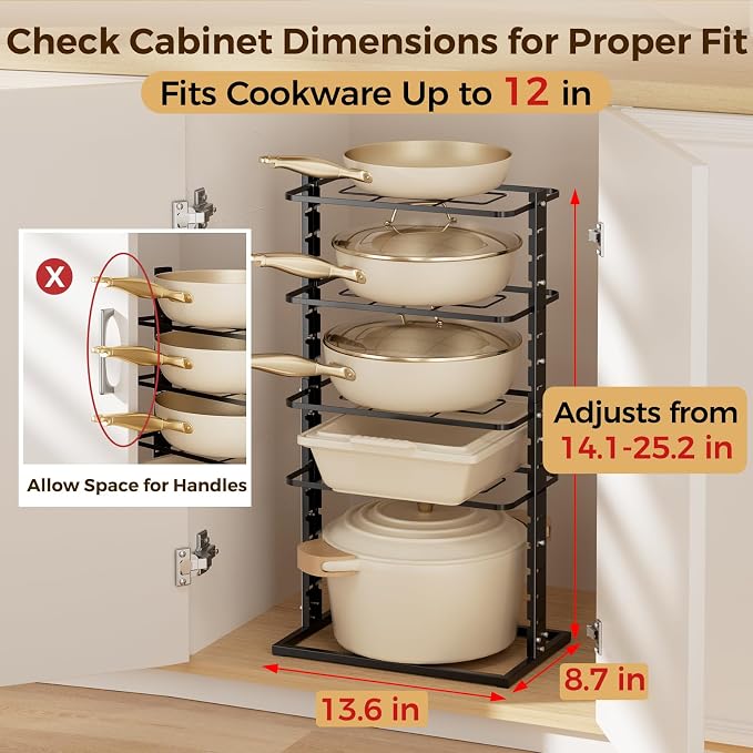 LAMU Pots and Pans Organizer Under Cabinet, 5 -Tier Dual-Pillar Design | Adjustable All-Metal Rack Stores Pots, Pans And Lids in Cabinets, on Countertops or Under Sinks, Holding Up to 55 Lb Black - Image 2
