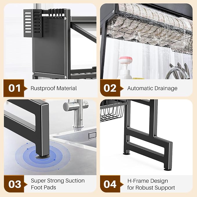 Over The Sink Dish Drainer Drying Rack 3 Tiers with Cover, Keep Kitchen Sink Shlef Organized Space-Saving Dish Drying Rack, Large Stainless Steel Sink Dish Rack for Dishes, Bowls, Cutlery (37.4"w) - Image 7