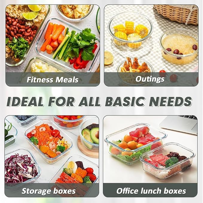VERONES 12 Packs Glass Food Storage Containers Set with Lids, Grey | Airtight Glass Lunch Containers, Glass Meal Prep Containers with Lids, for Microwave, Oven, Freezer & Dishwasher Friendly - Image 6