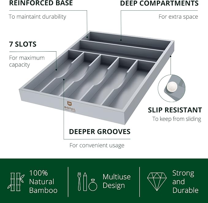 ROYAL CRAFT WOOD Luxury Bamboo Kitchen Drawer Organizer - Silverware Organizer - Utensil Holder and Cutlery Tray with Grooved Drawer Dividers for Flatware and Kitchen Utensils (7 Slot, Gray) - Image 2