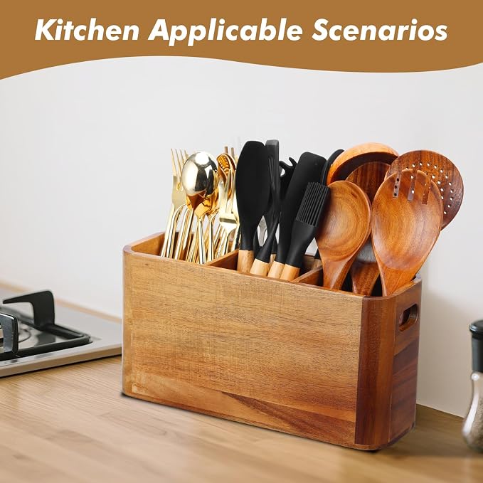 Kitchen Utensil Holder for Counter or Countertop, Extra Large Acacia Wood Organizer with 3 Compartments, Wooden Storage for Cooking and Silverware, Rustic Minimalist Decor, Sturdy Utensil Crock - Image 6