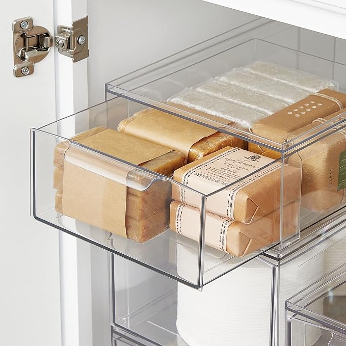 mDesign Plastic Stackable Bathroom Storage Organizer Bin Containers with Front Pull Drawer for Bathroom Countertop, Vanity, Closet Shelves - Holder for Beauty Accessories - Lumiere Collection - Clear - Image 7