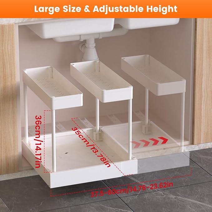 Expandable Under Sink Organizers and Storage,Width Adjustable (14.9-23.6IN),No Drill 2-Tier Pull Out Under Cabinet Organizer for Kitchen Bathroom Laundry White - Image 3
