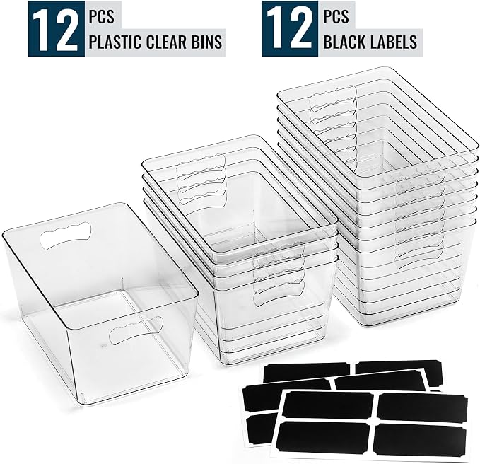 12 PACK LARGE Clear Storage Bins with Handles & Labels, Multiuse Plastic Pantry Organizer Bins for Home Kitchen, Fridge, Freezer, Cabinet, Closet, Bathroom, Shelf, Laundry, RV, Under Sink Organization - Image 3