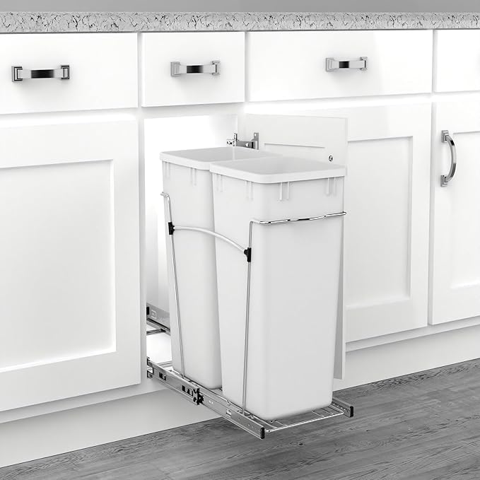 Rev-A-Shelf Double 27 Qt Pullout Trash Can for Base Kitchen Cabinets, Garbage Waste Bin System with Full Extension Slides, Min Opening Width of 11.5", White, RV-15KD-11C S - Image 6