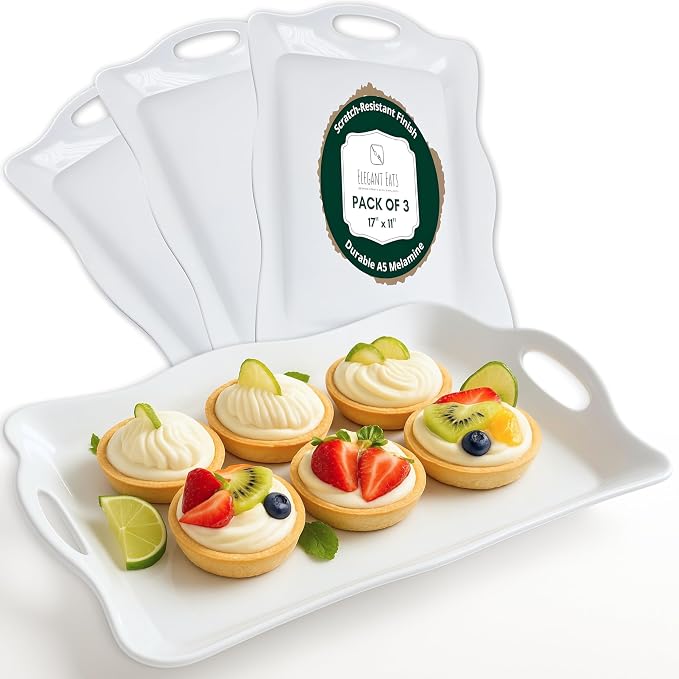 Large Melamine Tray, 17" x 11.5" - White Serving Tray with Handles - Dishwasher Safe - Rectangular Melamine Platter for Meat, Appetizers, Cookies, Grill or Party Snacks - Set of 3 by ELEGANTEATS