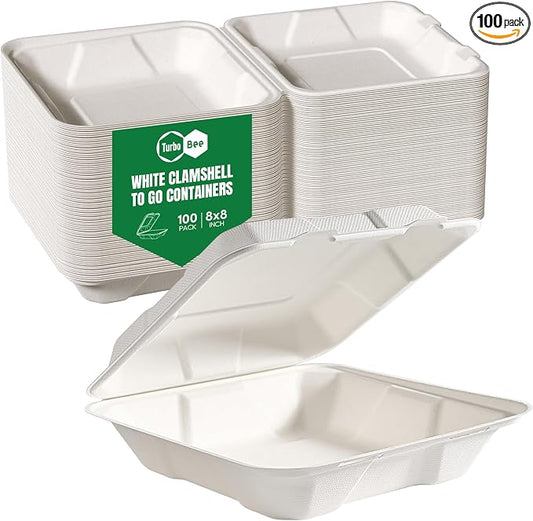 Turbo Bee 100 Pack 8x8inch White Compostable Take Out Containers with Lids, Disposable Clamshell Food Containers, Large To Go Boxes for Restaurant, Catering, Meal Prep & Food Service-White by TurboBee