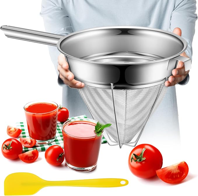 SiliFine 10" Chinois Fine Mesh Strainer Set with Handle and Rubber Pestle | Stainless Steel Reinforced Bouillon Sieve Strainer China Cap Cone Sieve for Sauces, Soups, Broth, Stock, Kitchen Food Cooking by SiliFine