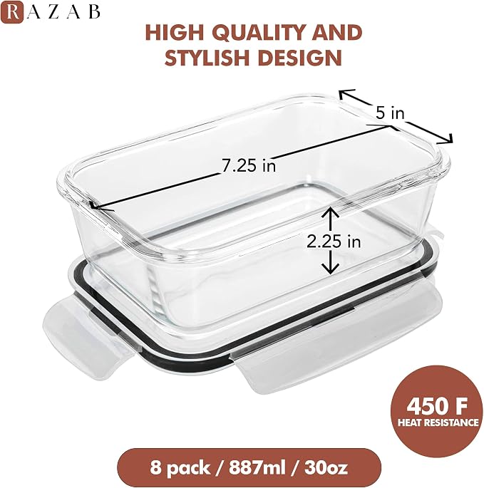 Razab 16 Pc (Set of 8) 30 Oz Glass Meal Prep Containers with Lids, Airtight Large Glass Food Storage Containers, Reusable Leak Proof BPA Free, Freezer to Oven and Dishwasher Safe - Image 3
