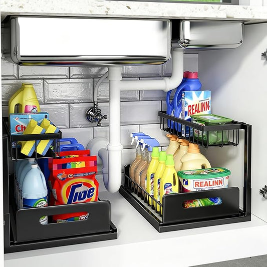 Under Sink Organizer, L-Shaped 2 Tier Pull Out Cabinet Organizer | For Kitchen and Bathroom, Slide Out Under Cabinet Storage, Metal Under Sink Storage with Sliding Drawer, 50 lbs, Black 2 Pack by REALINN