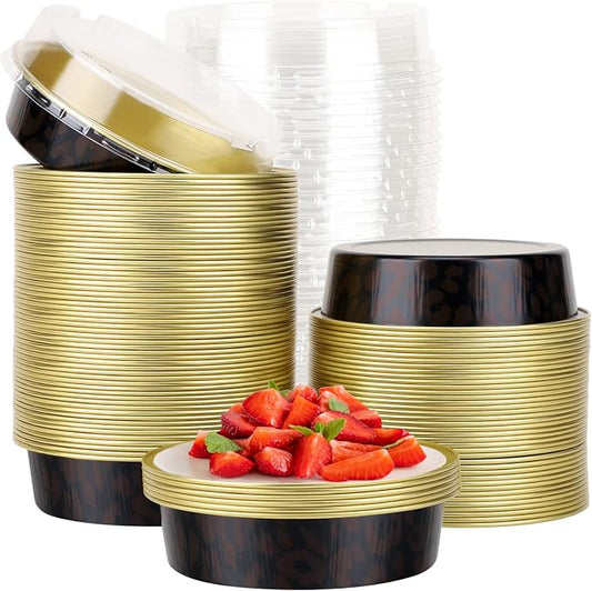 Beasea 100 Pack 4” Mini Pans with Lids, 8oz Disposable Aluminum Baking Foil Tins Round Small Dark Red Spot Container for Individual Cupcake Dessert Muffin Ramekin Cheesecake Quiche Oven Dishes by Beasea