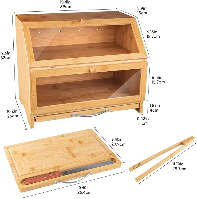 MAISONPEX Double Layer Bamboo Bread Box for Kitchen Countertop, Cutting Board, and Stainless Steel Bread Knife, Large Capacity Storage Container with Clear Windows (Self-Assembly) - Image 3