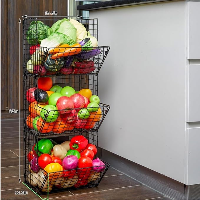 X-cosrack Metal Wire Basket Wall Mount, 3 Tier Wall Storage Basket Organizer with Hanging Hooks Chalkboards, Rustic Kitchen Fruit Produce Bin Rack Bathroom Tower Baskets (Black) - Image 4