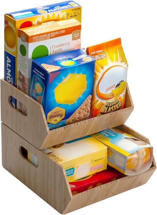 Mobilevision XL Versatile Bamboo Storage Bins for Pantry & Kitchen Cabinet Organizer Multi-Purpose / 2 Piece Stackable Set Larger Bins by MobileVision