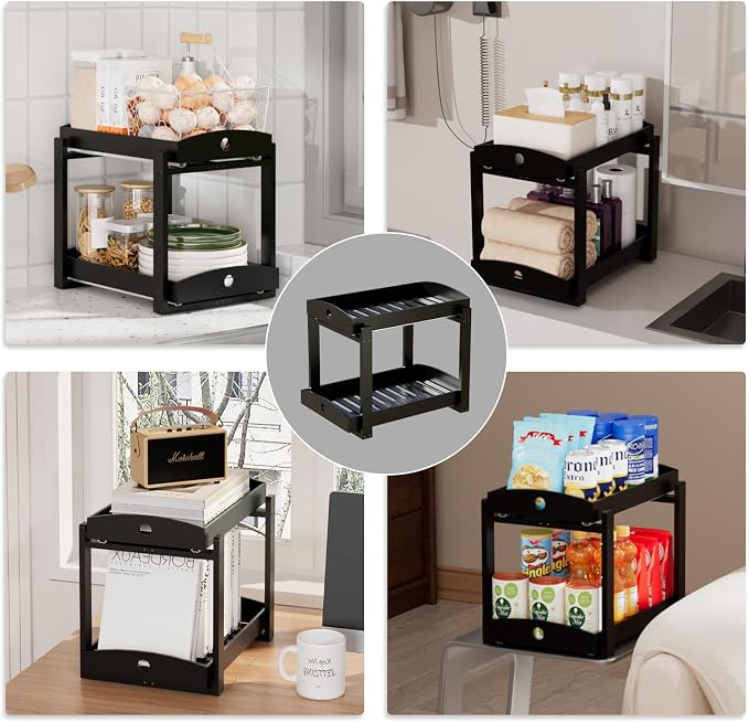 2 Pack Bamboo Under Sink Organizer, 2-Tier Sliding Drawers for Cabinets | Pull-out drawers keep cleaners and tall bottles visible, organized and easy to reach in kitchen or bathroom cabinets - Image 6