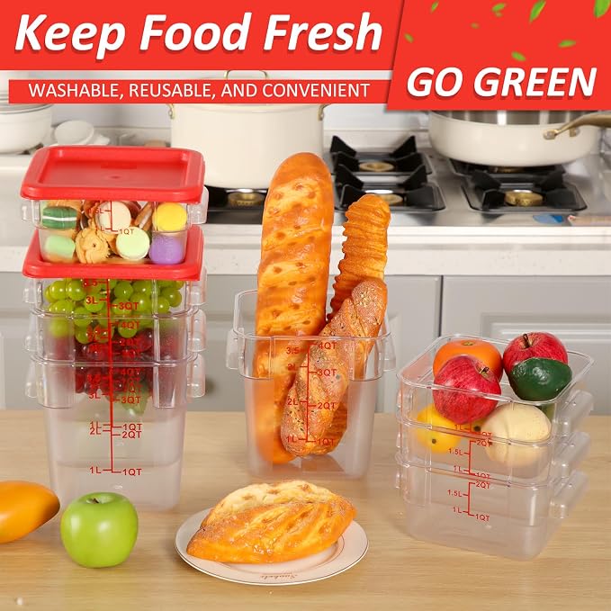 Yungyan 16 Pcs Restaurant Food Storage Containers with Lids Set 2Qt and 4Qt Commercial Restaurant Square Storage Containers Clear Food Cereal Container for Kitchen Freezer (Red Lids) - Image 4
