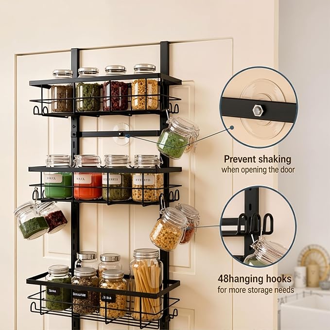 Over the Door Spice Rack 9-Tier Black for Kitchen Pantry | Adjustable 9-tier metal over-door storage rack for kitchen, pantry. Rust-resistant, hooks, suction cups, no-drill. - Image 5