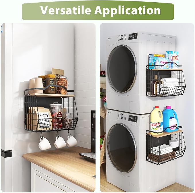 Wawocs Magnetic Shelf for Fridge with Wood Lid, 2 Tier Fruit Baskets Wall Mounted Hanging Basket with 4 Hanger Hooks, Potato and Onion Magnetic Storage Bins for Kitchen Counter, Refrigerator, Cabinet - Image 4