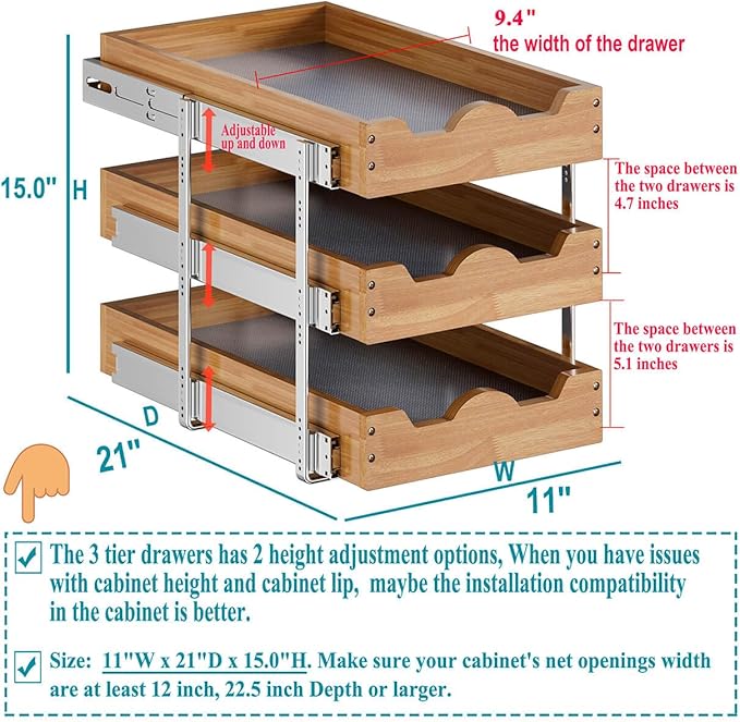 OCG Pull Out Cabinet Drawer 11" W x 21" D, 3 Tier Pull Out Cabinet Organizer, Heavy-Duty Slide Out Drawer for Cabinets, Base Cabinet Organization for Kitchen, Pantry, Bathroom - Image 2