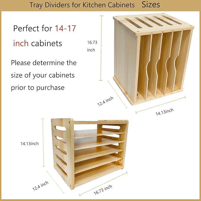 6 Tier Wood Cabinet Vertical Tray Dividers, 16.73in x14.13in x12.4in | Wooden Organizer For Sheets, for Cookie Sheet, Baking Trays, Cutting Board, Pans, for Organizing Cabinets, 5Y Warranty - Image 2