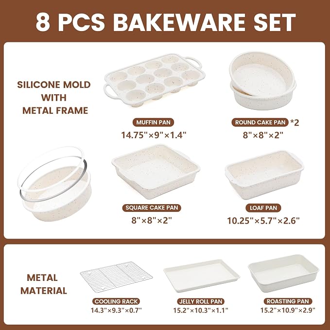 Vinino 8-Piece Baking Pans Set Nonstick, Bakeware Set includes Silicone Muffin, Loaf, Cake Pans with Metal Reinforced Frame, and Carbon Steel Roasting Pan, Cookie Sheet, Cooling rack for Oven-Cream - Image 4