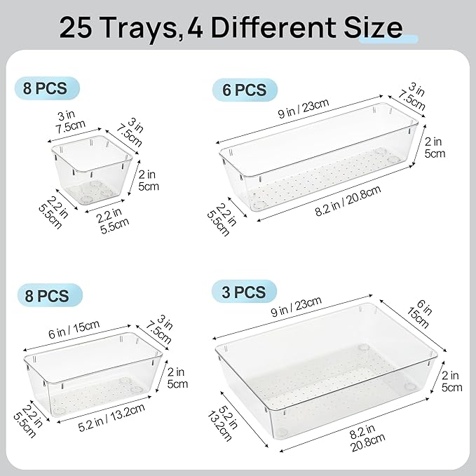 Vtopmart 25 Pack Plastic Drawer Organizers with Non-slip Rubber Pads | 4-Size Versatile Makeup Organizer, Storage Containers Small Bins for Makeup, Jewelries, Bedroom, Kitchen Utensils and Office - Image 7