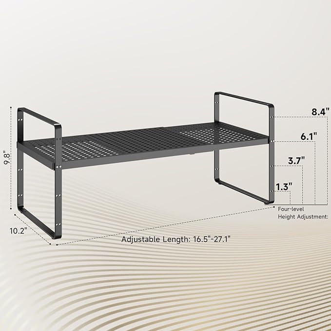 16.5~27.1" Expandable Shelf with Hole，2Pack 10.2" Wide Stackable Cabinet Shelves，Black - Image 3