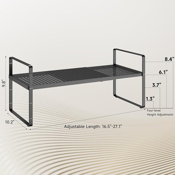 16.5~27.1" Expandable Shelf with Hole，2Pack 10.2" Wide Stackable Cabinet Shelves，Black - Image 3