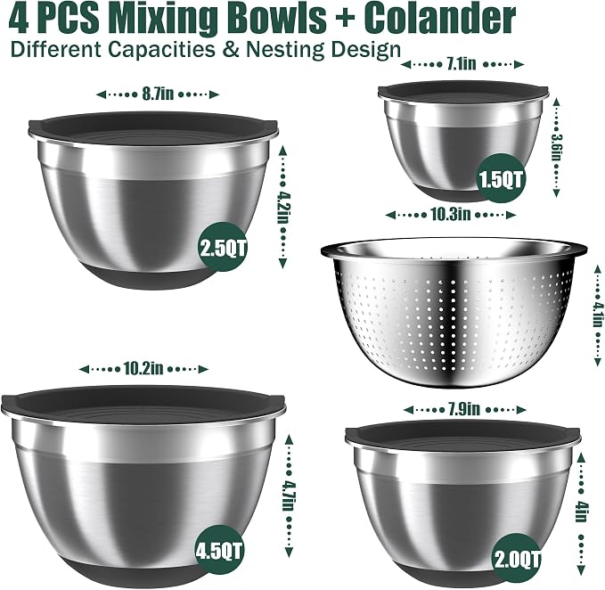 Mixing Bowls with Airtight Lids Set, 4 Stainless Steel Bowls Nesting Bowls & Colander, Kitchen Organizers and Storage Non-Slip Bottom, Size 1.5/2.0/2.5/4.5QT, Great for Mixing & Serving, Black - Image 2