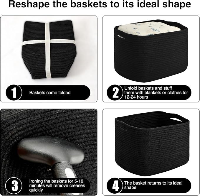 ICERZCZ Storage Baskets for Organizing & Shelves, Woven Cotton Rope Organization Bins for Dog Toys, Clothes, Books, Nursery Organizer, 15"Lx11''Wx9.5''H, (4 Packs) Black - Image 7