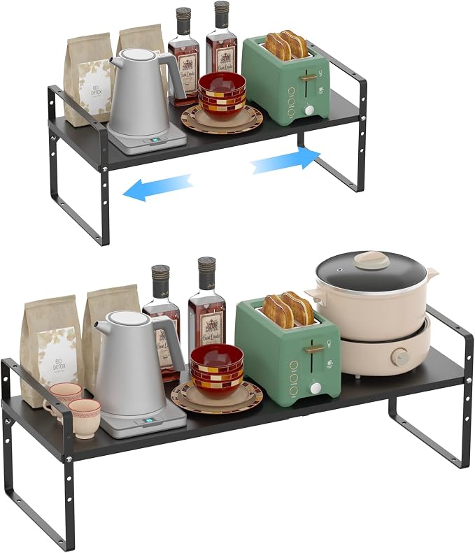 Expandable Cabinet Storage Shelf Organizer, Heavy Duty Steel Metal Spice Rack Adjustable Height Home Office Garage Pantry Shelf Space Riser for Counter Kitchen Organization, Black, 1 Pack - Image 3