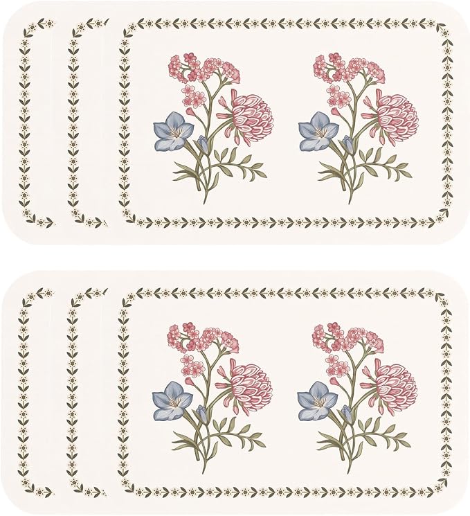 Vinyl Waterproof Placemats Set of 6 Rectangular,12"*17"-Helena D | Wipeable Beautiful Print Place Mats,Stain Resistant,Floral Pattern,Everyday Meals,Kitchen,Dinning,Holiday,Decor by Isaennehomedecoration