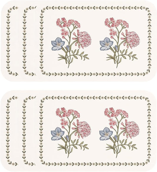 Vinyl Waterproof Placemats Set of 6 Rectangular,12"*17"-Helena D | Wipeable Beautiful Print Place Mats,Stain Resistant,Floral Pattern,Everyday Meals,Kitchen,Dinning,Holiday,Decor by Isaennehomedecoration