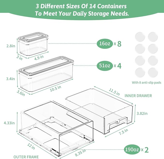 damynuo 16Pcs Fridge Organizer Bins, Clear Refrigerator Organizing Containers with Lids and Refrigerator Drawers, Stackable Food, Vegetable and Fruit Containers for Fridge Organizers and Storage - Image 2