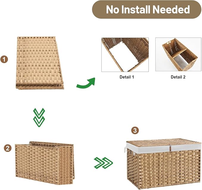 180L Wicker Storage Basket with Lid, Handwoven Rattan Large Shelf Basket with Removable Liner, 47.6 Gallon Wicker Basket for Blanket, Storage Trunk with Handle for Closet, Bedroom, Livingroom, Natural - Image 7