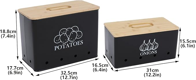 Potato Onion Storage Box, Food Container Sets, Storage Canisters for Vegeatables, Set of 2 Jars Pots Containers, Potato & Onion Bin with Aerating Tin Storage Holes & Bamboo Lid-Black - Image 3