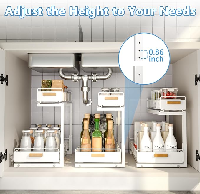 Under Sink Organizer Kitchen - Upgraded Professional Rails, 2 Tier Dual Pull Out Cabinet Storage, Height Adjustable Under Sink Storage, Metal Sliding Drawer for Kitchen & Bathroom, White, 2 Pack - Image 7