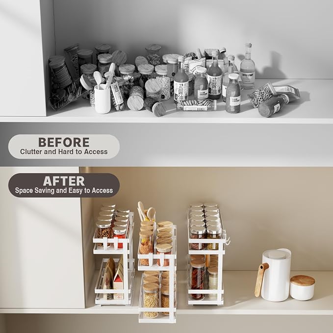 Magheo Pull Out Spice Rack Organizer for Cabinet, 1 Pack Metal Seasoning Organizer Slide Out Spice Storage Shelf No Assembly Vertical Spice Rack Pullout for Kitchen & Bahthroom No Drill(2 Tier,White) - Image 4