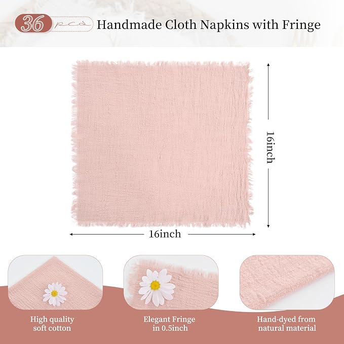 36 Pack Pink Cloth Napkins Cotton Linen Napkin 16 x 16 Inch Pink Napkins Cloth Handmade with Fringe Soft Washable Rustic Dinner Napkin Cloths for Wedding Party Dinner Table - Image 3