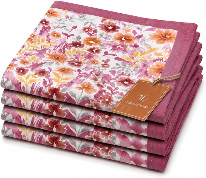 Cotton Cloth Napkins Reusable Floral Napkin Printed Dinner Napkin Set Cloth Daily Use Machine Washable Dish Cloth Gift for Valentine Home Decor Set of 4, Multicolor Print, 18x18 Inches by TARANLIVING