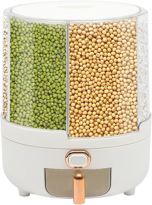 360° Rotating Grain Dispenser With 6 Grids, 13.2lbs Large Capacity Grain Dispenser Rotating Kitchen Storage Containers With Sealed Lid For Peanut Barley Millet And Cereal (White, 14.3 lbs) by Unknown