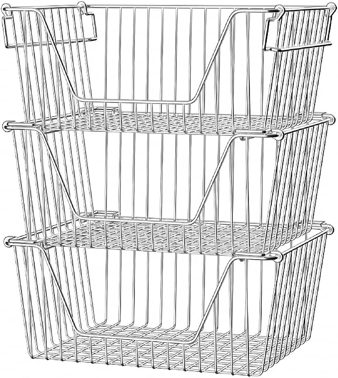 Slideep Large Stackable Storage Baskets Cabinet Organizer Sturdy Metal Wire Pantry Freezer Bin for Pantry Home Bathroom Kitchen Organization 3 Packs by WelcometotheSlideep