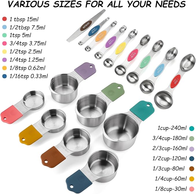 Magnetic Measuring Cups and Spoons Set of 16 Stainless Stee Stackable Nesting 7pcs Measuring Cups 9pcs Measuring Spoons for Dry and Liquid Ingredients - Image 3