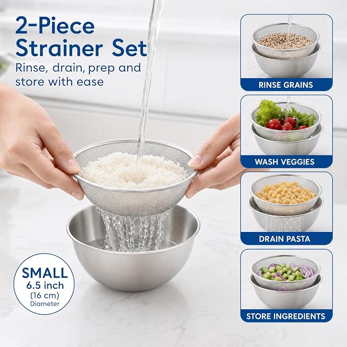 18/8 Stainless Steel Colander with Mixing Bowl, 1.5QT | 1 nesting mixing bowls with measurement marks and 1 fine 30-mesh strainers for rice,vegetables, pasta, baking, and food prep - Image 3