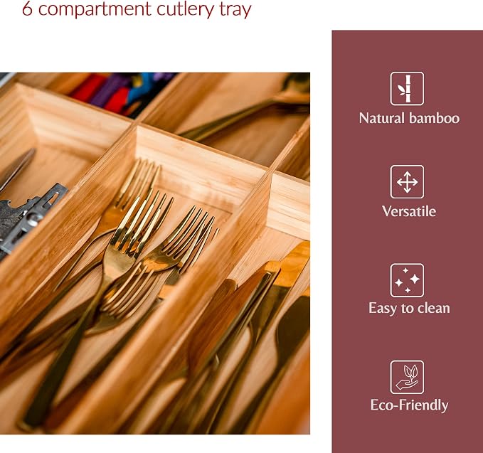 6 Compartments Bamboo Cutlery Holder Tray Kitchen Utensil Silverware Drawer Organizer Dividers with 2 Handles, Brown, Large, DS-5949 - Image 5